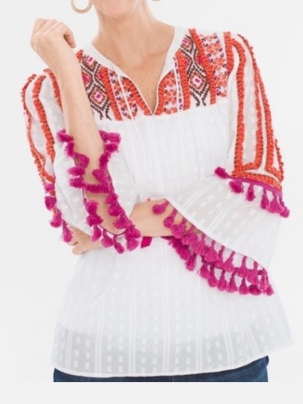 Chico’s Embroidered Boho Tassel Bell Sleeve Tunic Top White Orange Pink Size 0
